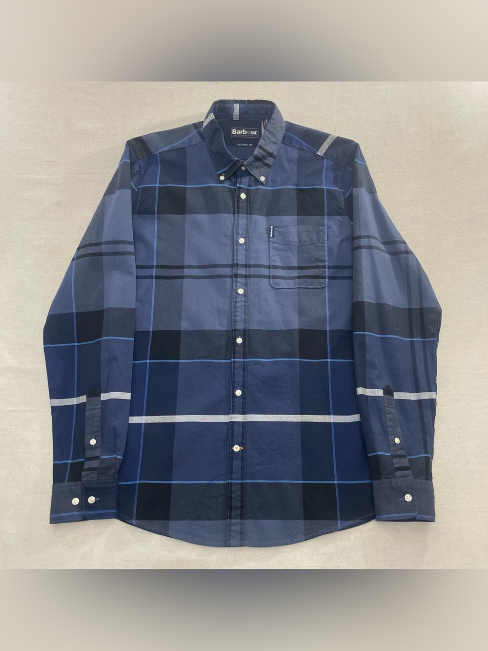 Barbour Sutherland Mens S/M~ Shirt Tailored Fit Blue Black Tartan Plaid Stretch